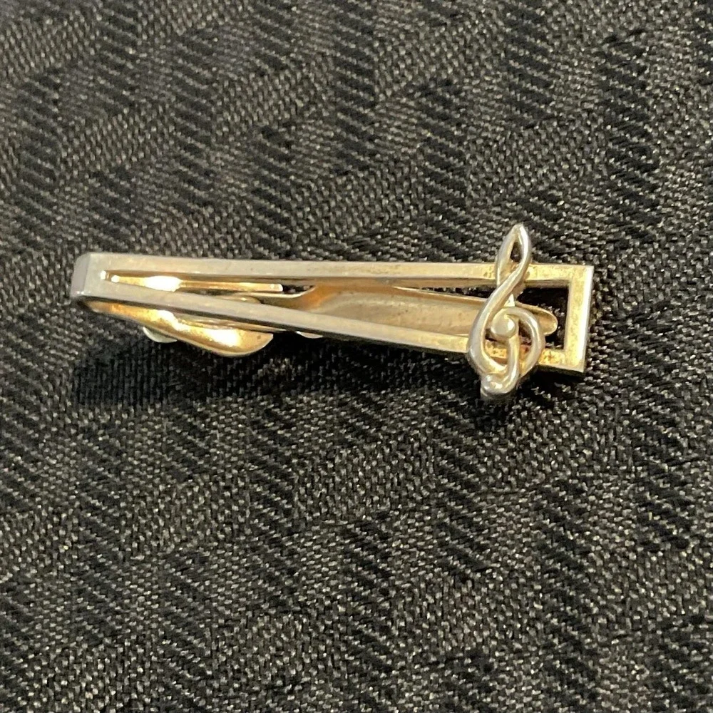 Vintage Swank Silver Tone Treble Clef Tie Clip Bar Mens Music Novelty 1.5 Inch